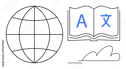 Globe outline beside an open book with multilingual characters, suggesting communication, education, and globalization. Ideal for language learning, translation, international studies, education