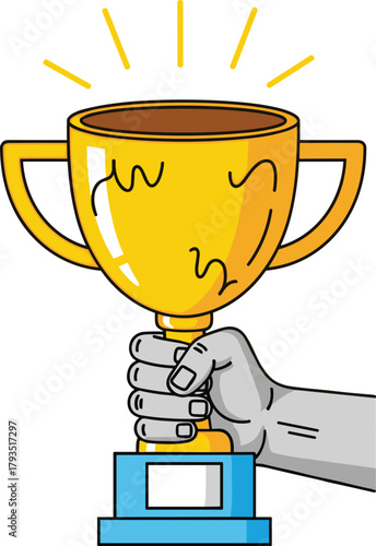 A hand triumphantly holding up a golden trophy, symbolizing achievement, victory, and success
