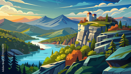 Very beautiful view overlooking Chimney Rock at Chimney Rock Mountain State Park and Lake Lure in North Carolina, United States, featuring dramatic cliffs, lush forests, and serene lake waters, captur