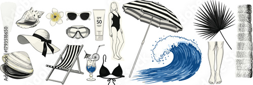 Collection of summer beach vacation items and symbols including a swimsuit, umbrella, sunglasses, and waves