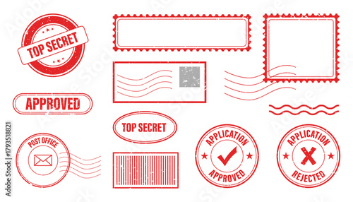 Collection of red grunge rubber stamps for various purposes, including approved, rejected, and top secret, vector illustration