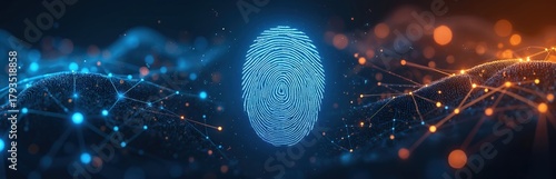 Glowing fingerprint identification. Digital tech background with biometric authentication, personal data privacy. Cybersecurity concept includes network connection, dots with blue, orange data
