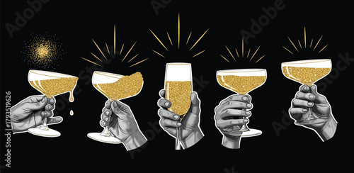 A festive toast with sparkling drinks held high, celebrating moments of joy and success with effervescent beverages