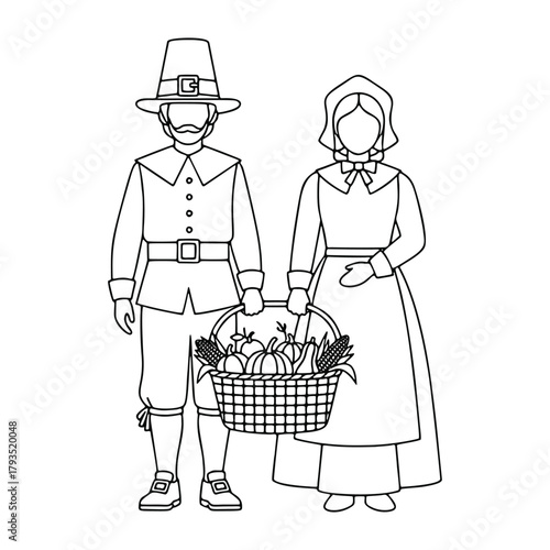 A traditional Pilgrim couple celebrating Thanksgiving day vector illustration