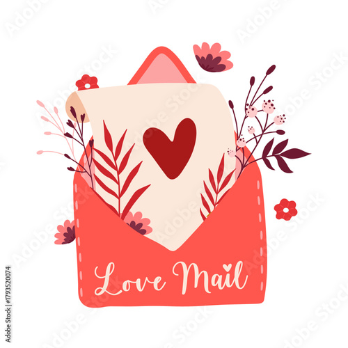 Cute hand drawn envelope with flowers and herbs in flat doodle style. Valentine vector illustration for stickers in pink and red colors. Love mail in cartoon stylisation
