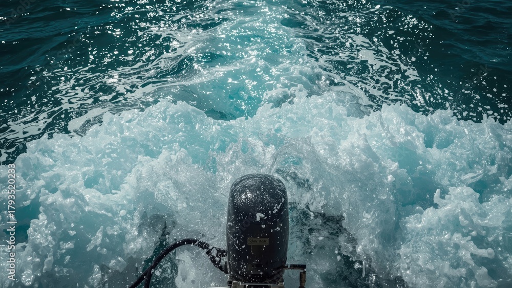 Naklejka premium An outboard motor in water with splashes and waves, capturing the motion and power of the engine.