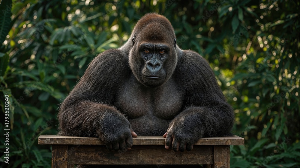 Fototapeta premium A gorilla resting its arms on a wooden surface with lush green foliage in the background.