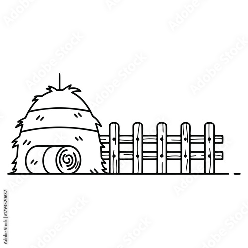 Vector Illustration of Haystack and Fence in Rural Countryside