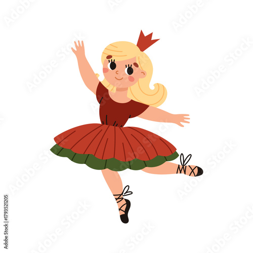 Nutcracker, magical fairy tale. Ballerina. Princess with crown and pointe shoes. New Year's wooden toys. Cartoon vector illustration.