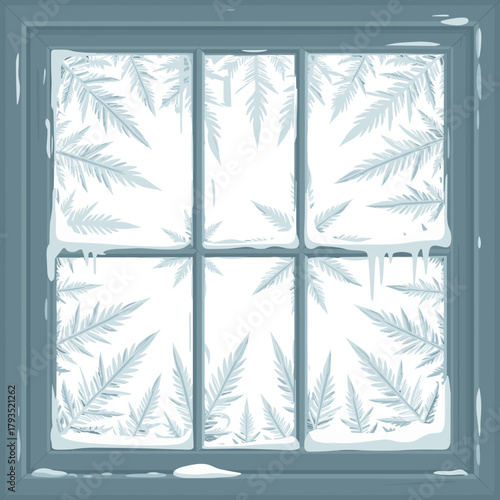 Frosted window view with icy foliage and snowy surroundings copy space