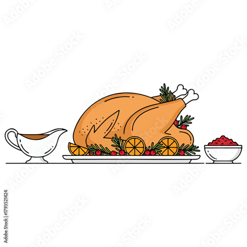 Vector illustration of a traditional Thanksgiving turkey dinner feast