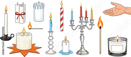 Diverse Candle Collection Various Styles and Burning Flames for Decorative and Symbolic Use