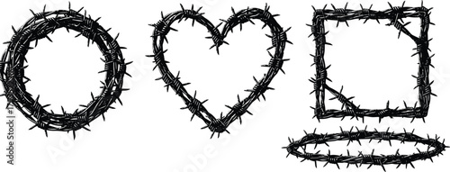 Geometric Barbed Wire Shapes Circle, Heart, Square for Designs & Concepts