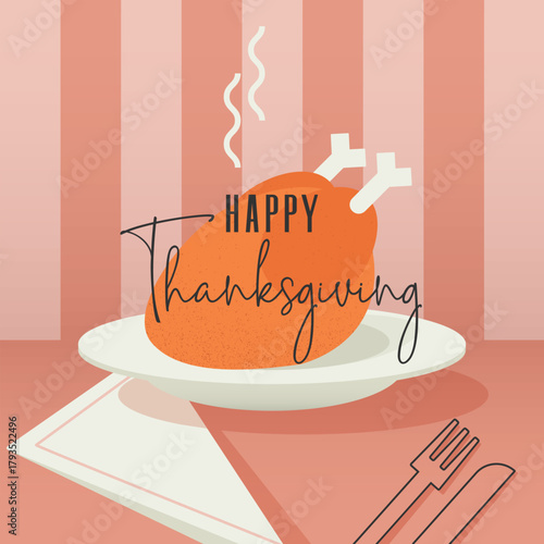 Thanksgiving turkey and served table vector flat style illustration. Use it as a postcard, dinner invitation, web banner or for social media.