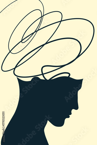 Surreal silhouette illustration of a head releasing swirling lines, symbolizing chaotic thoughts, mental overload, anxiety, and abstract emotional tension in a minimalist artistic style.