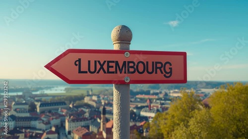 A directional arrow on a pole with the inscription Luxembourg against the backdrop of a stunning city on a summer day