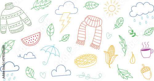 Autumn vector collection for doodling.  Autumnal icon background, hand-drawn doodle sketch style.  Fall foliage, wind season, and parts of an umbrella sketch.  Vector illustration