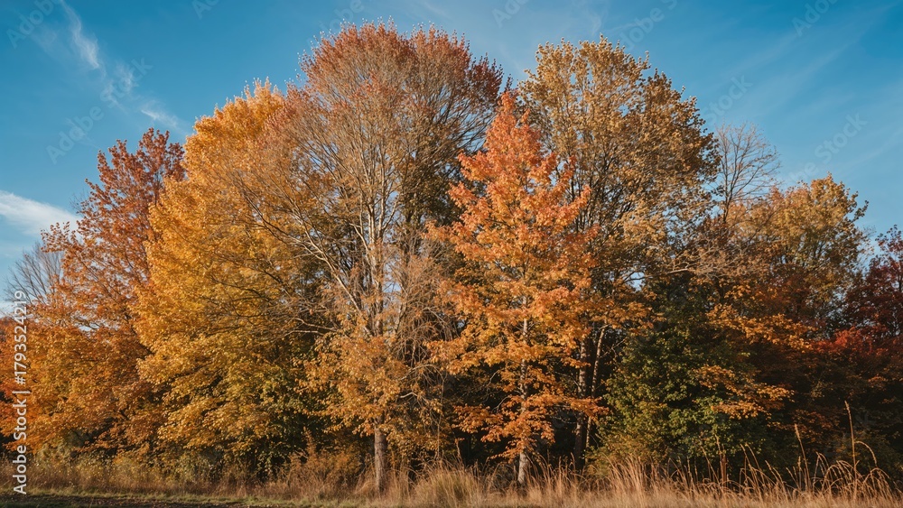 Fototapeta premium Autumn trees with colorful foliage along a lake shore under a clear blue sky.