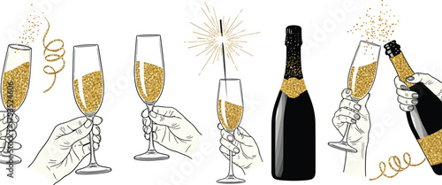 Cheers to celebration! Clinking champagne flutes with sparkling golden bubbles and a bottle of bubbly