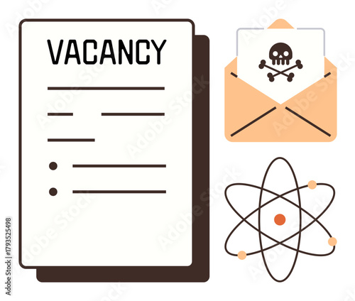 Job vacancy document next to an orange envelope with a warning skull inside, and an atomic model symbol with orbiting electrons. Ideal for recruitment, science, caution, danger, atomic concepts