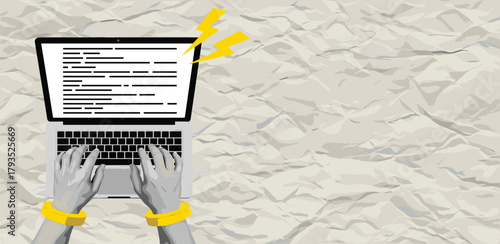 Trapped Writer Hands Cuffed to Keyboard, Aching for Freedom on Wrinkled Paper