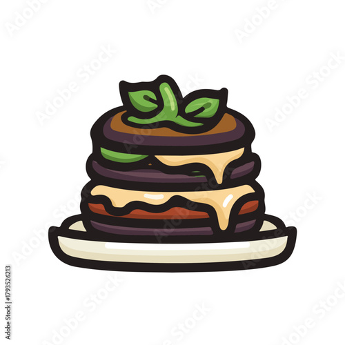Flat 2D minimalist illustration of a Eggplant Parmesan, modern vector design with white background.