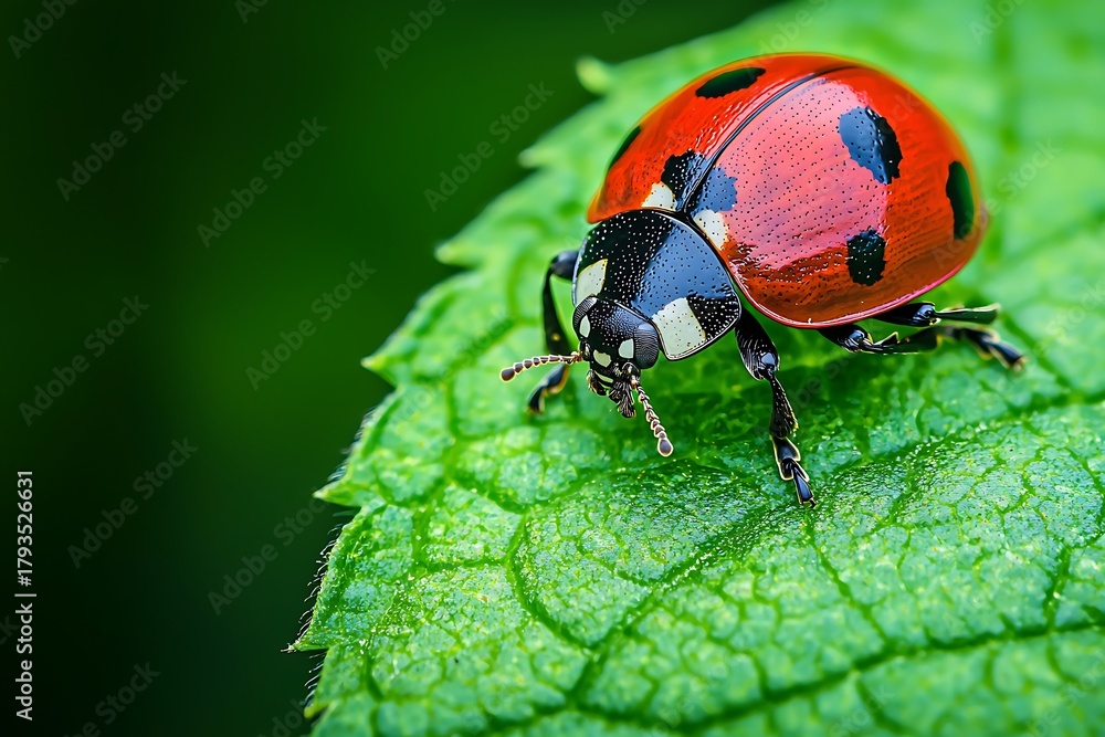Fototapeta premium Close view of ladybug crawling on fresh leaf high resolution picture