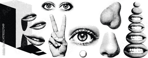 Surreal Collage of Facial Features Eyes, Mouths, Noses, and a Cuboid Figure in Monochromatic Design
