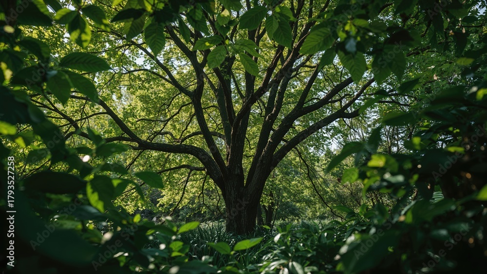 Fototapeta premium A tree surrounded by lush green foliage with sunlight filtering through the leaves. Nature and forest scene. The concept of trees and greenery.