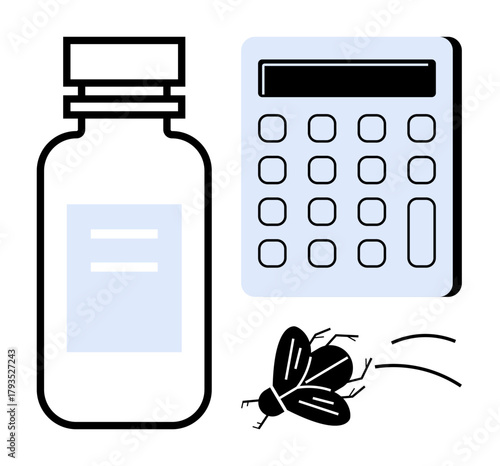 Medication bottle beside calculator and flying pest highlighting financial calculations, expenses, and solutions related to healthcare, pest control, budgeting, pharmaceuticals, treatment costs