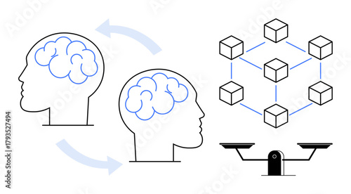 Two human heads with brains indicating knowledge transfer, connected cube network symbolizing blockchain technology, and balanced scales representing fairness. Ideal for innovation, technology