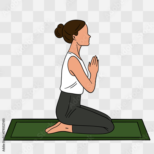 Padmasana pose. Hand-drawn illustration of a woman practicing yoga on a mat. Relaxing and mindful pose symbolizing balance, harmony, and self-care
