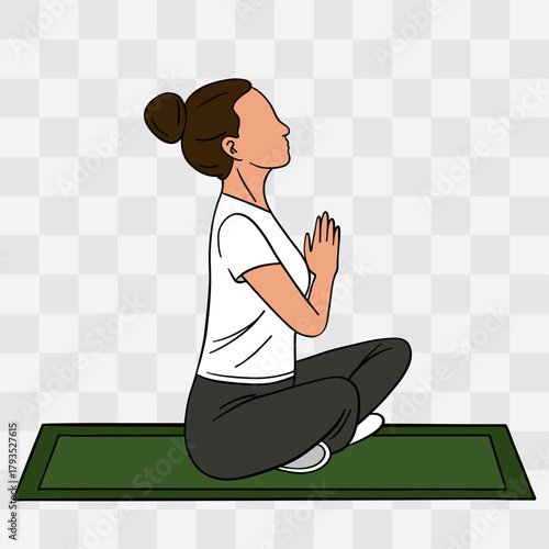 Padmasana pose. Hand-drawn illustration of a woman practicing yoga on a mat. Relaxing and mindful pose symbolizing balance, harmony, and self-care