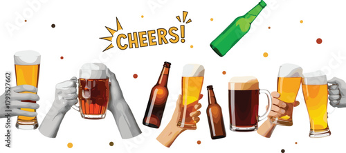 A vibrant illustration showcasing diverse hands raising glasses and bottles of refreshing beer in a joyous toast, perfect for celebrating good times and friendship