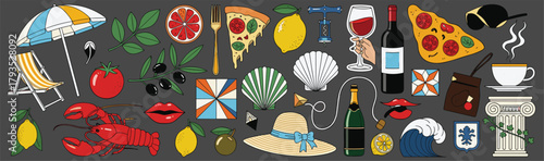 Colorful Italian Cuisine and Travel Icons Set Pizza, Wine, and Summer Fun Elements