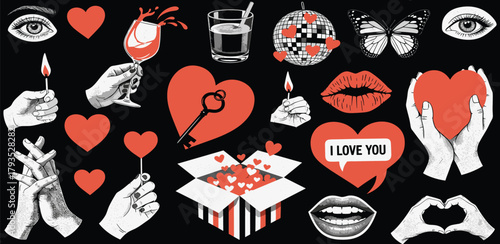 Valentine's Day Icon Set Celebrate Love with Romantic Hearts, Hands, and Festive Drinks