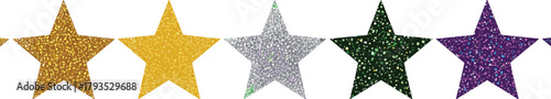 A collection of five stars in various colors and glitter textures, representing a rating system for customer feedback, product reviews, and quality