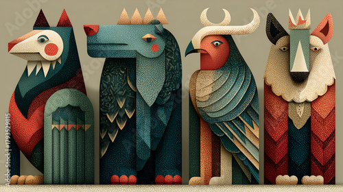 retro folk creatures with modern geometric accents, background 