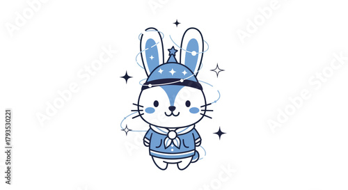 Cartoon bunny in blue outfit with stars on white background