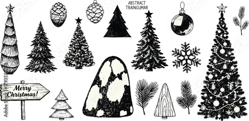 A collection of festive hand-drawn Christmas trees, snowflakes, ornaments, and pine branches, perfect for holiday designs