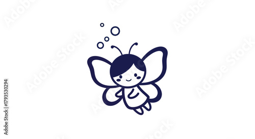 Cartoon butterfly character floating with bubbles against white background