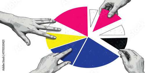 Creative illustration of business teamwork and statistical analysis, with diverse hands dividing a colorful data pie chart