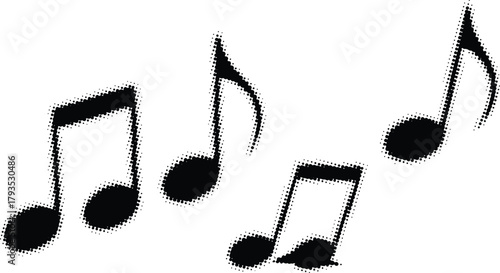 An artistic illustration of black musical notes scattered against a white background, symbolizing melody, rhythm, and the universal language of music
