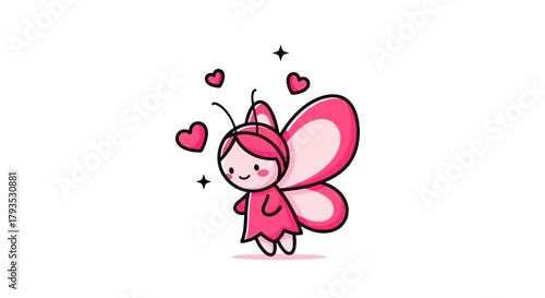Cartoon butterfly character with pink wings and hearts on white background