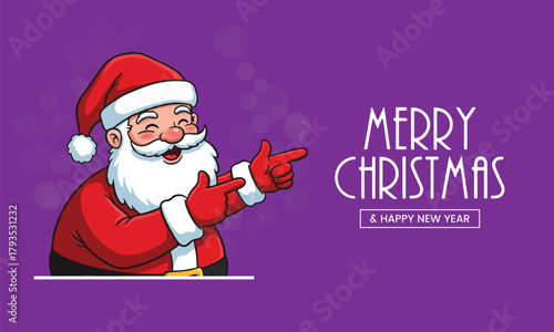  Funny Cartoon Santa Claus Character Pointing Right on Purple Background, Merry Christmas and Happy New Year