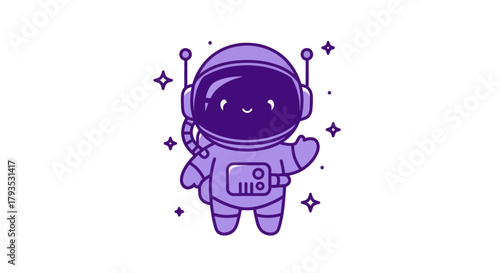 Cartoon astronaut illustration with smiling face in blue outerspace