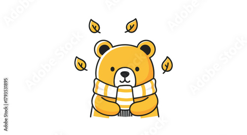 Cartoon bear with scarf and falling leaves illustration on white background