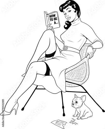 Retro comic art illustration of a pin-up woman in stockings reading a book in a chair with a French bulldog puppy