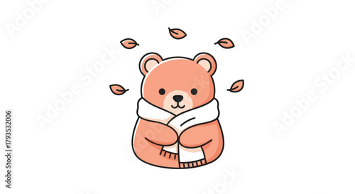 Cartoon bear with scarf and falling leaves on a clean white background
