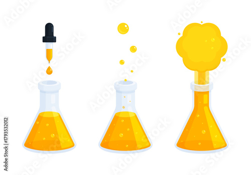 Scientific experiment with Erlenmeyer flask and liquid reaction. Chemistry, laboratory research, education, and science, STEM concepts. Flat illustration isolated on white background